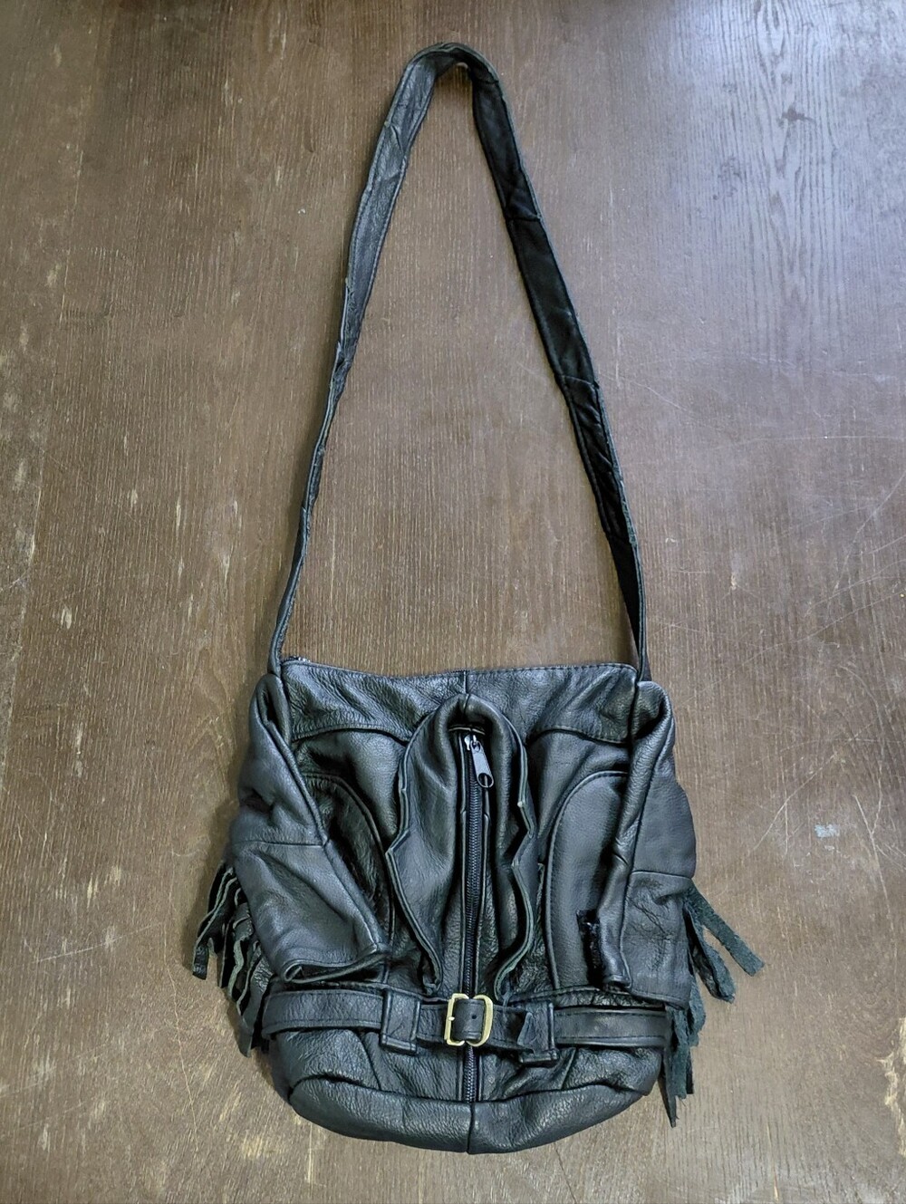 Vintage 80s Biker Motorcycle Black Fringe Leather Jacket Purse Shoulder Bag